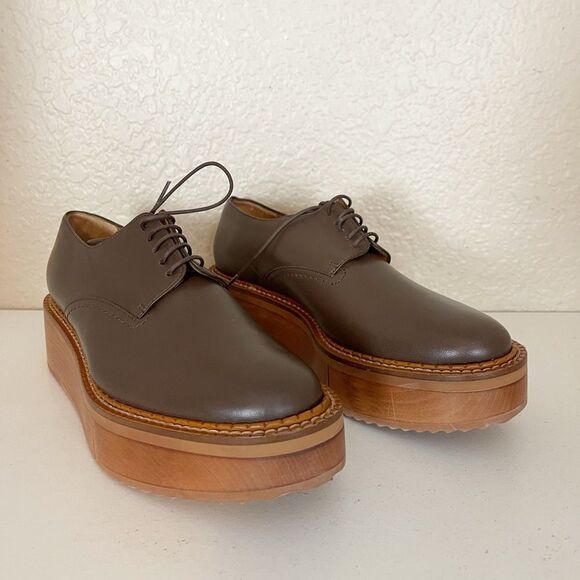 Robert Clergerie Brook wood effect chocolate brown leather Derby platforms 38.5 - Picture 4 of 9